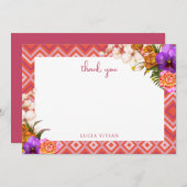 Retro bloemige bruiloftsfeest in fuchsia bedankkaart (Voorkant / Achterkant)