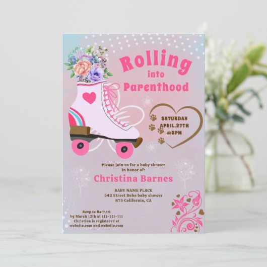 Retro bloemige turquoise rollerschaats boho baby s kaart (Staand voorkant)