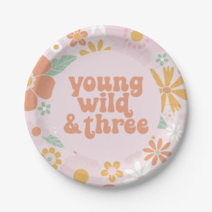 Retro Bloemige Young Wild Drie Verjaardag Papieren Bordje