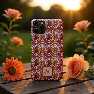 Retro bloemmonogram persoonlijk roze en bruin iPhone 11 pro hoesje