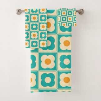 Retro bloemmotief dambordpatroon turquoise, crème, bad handdoek