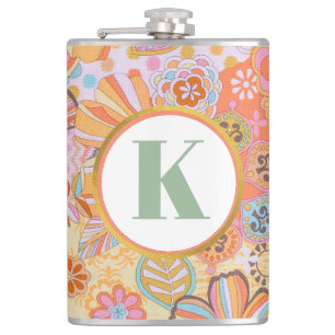 Retro bloemmotief met monogram groovy patroon heupfles