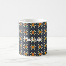 Retro bloemmotief oranje marineblauw op maat