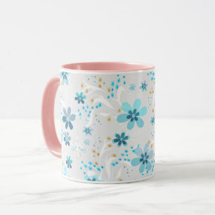 Retro, bloempatroon, blauw, grijs mok