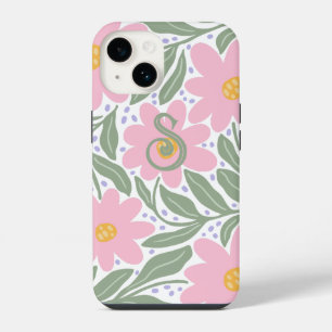 Retro bloempatroon monogram initiaal iPhone 14 hoesje