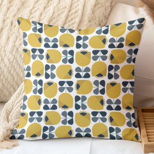 Retro bloempatroon Navy, Grijs, Mosterdgeel Kussen