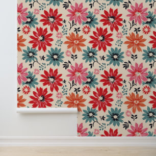 Retro Bloempatroon Rood Sinaasappel Blauw Behang