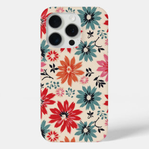 Retro Bloempatroon Rood Sinaasappel Blauw iPhone 15 Pro Case