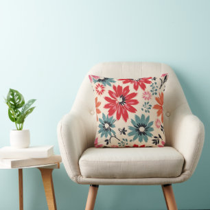 Retro Bloempatroon Rood Sinaasappel Blauw Kussen