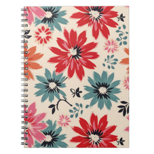 Retro Bloempatroon Rood Sinaasappel Blauw Notitieboek