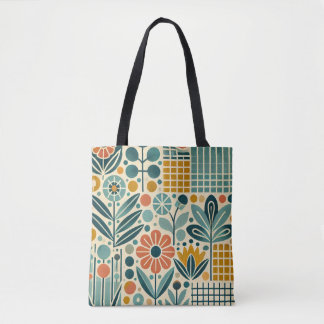 Retro Bloom Grid, florale canvas tas