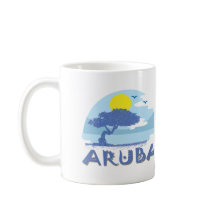 Retro Blue Aruba Divi Tree, Sun en Ocean
