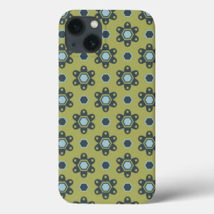 Retro Blue & Black Daisies op Green Floral Pattern iPhone 13 Hoesje