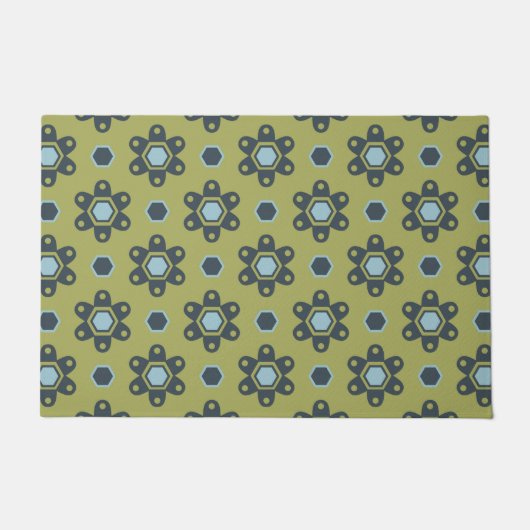 Retro Blue & Black Daisies op Green Floral Pattern Deurmat (Voorkant)