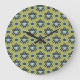 Retro Blue & Black Daisies op Green Floral Pattern Grote Klok