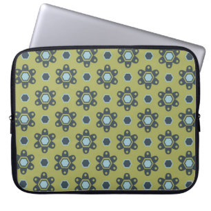 Retro Blue & Black Daisies op Green Floral Pattern Laptop Sleeve