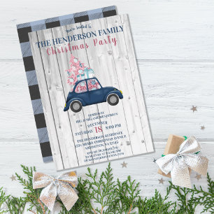 Retro Blue Car Pink Xmas - kerstfeest Kaart