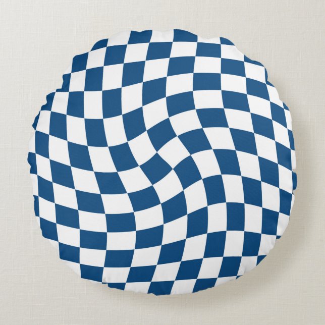 Retro Blue Checker Warped Checkered Dorm Room Rond Kussen (Voorkant)