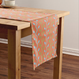 Retro Blue- en groene wijnstokken op Oranje Floral Lange Tafelloper