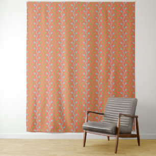 Retro Blue- en groene wijnstokken op Oranje Floral Wandkleed