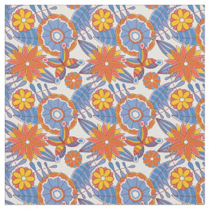 Retro Blue en Sinaasappel Floral Stof