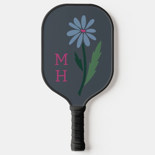 Retro Blue Floral Pink Monogram Slate Gray Pickleball Paddle (Voorkant)