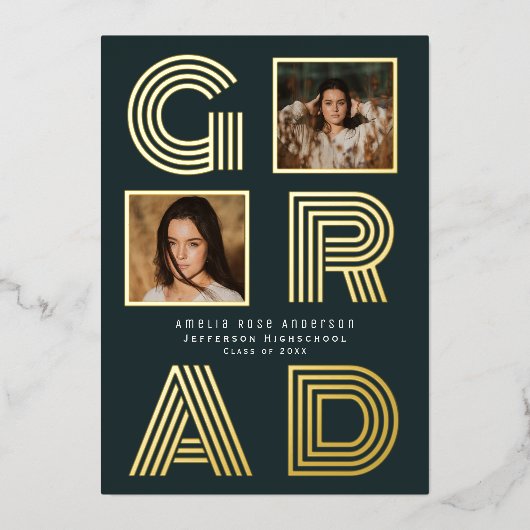 Retro Blue Folie Afstuderen Fotoaankondiging Folie Uitnodiging (Voorkant)