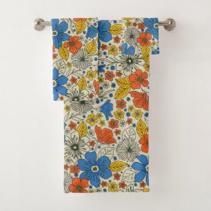 Retro Blue, Geel en Oranje Floral Bad Handdoek