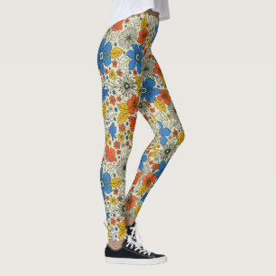 Retro Blue, Geel en Oranje Floral Leggings
