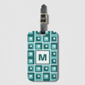 Retro Blue Geometric Squares Pattern Monogram Bagagelabel (Voorkant (verticaal))