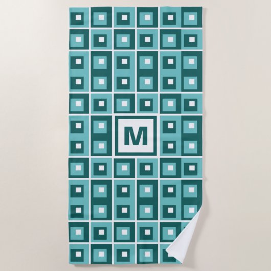 Retro Blue Geometric Squares Pattern Monogram Strandlaken (Voorkant)