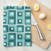 Retro Blue Geometric Squares Pattern Theedoek (Quarter Fold)