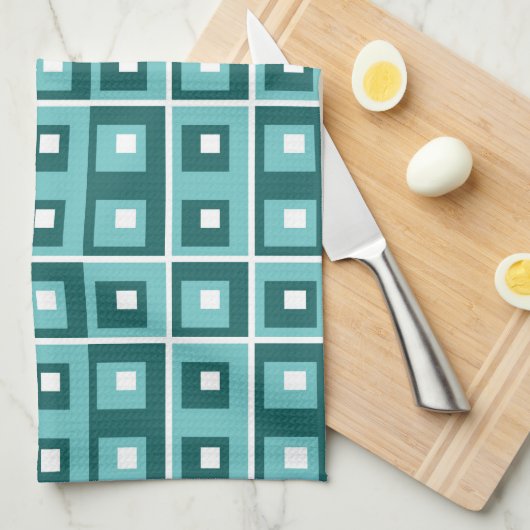 Retro Blue Geometric Squares Pattern Theedoek (Quarter Fold)