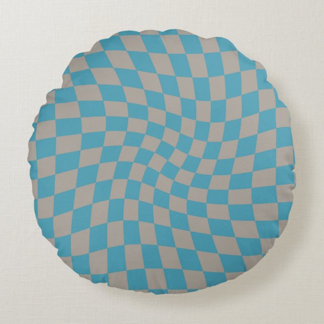 Retro Blue Grey Checkered Rond Kussen (Voorkant)
