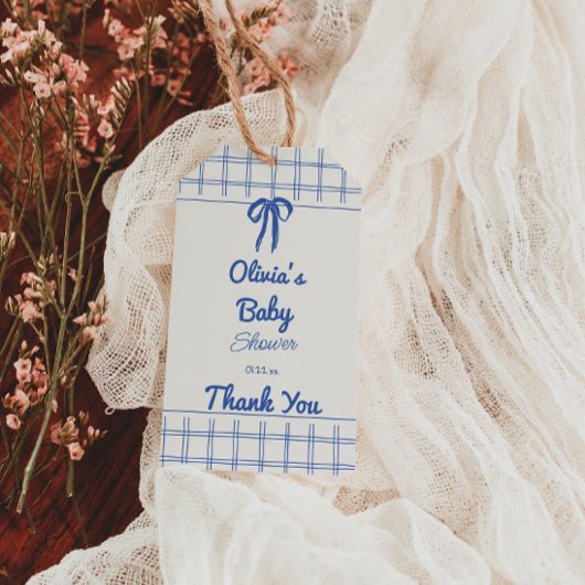 Retro Blue Hand Drawn Gingham Bow Baby Boy Cadeaulabel