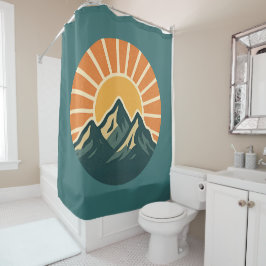 Retro Blue Mountain Sunrise | Outdoor Nature Teal Douchegordijn