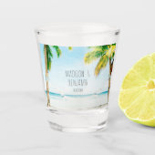 Retro Blue Ocean Beach Palmbomen Tropische bruilof Shot Glas (Voorkant)