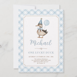 Retro Blue One Lucky Duck Balloon 1e verjaardag Kaart