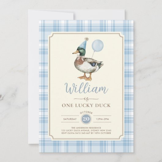 Retro Blue One Lucky Duck Balloon 1e verjaardag Kaart (Voorkant)