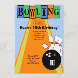 Retro Blue & Oranje Birthday Bowling Party nodigt Kaart