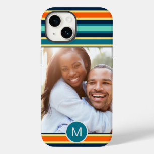 Retro Blue Oranje Striped Monogram Aangepaste foto Case-Mate iPhone 14 Hoesje