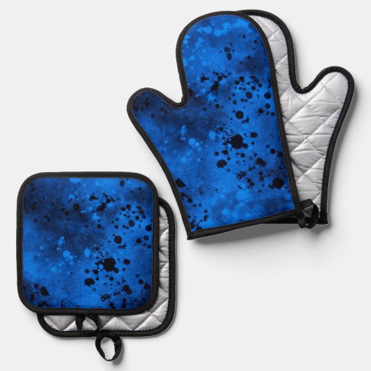 Retro Blue Paint Splatter Ovenwant & Pannenlap Set (Voorkant / Achterkant)