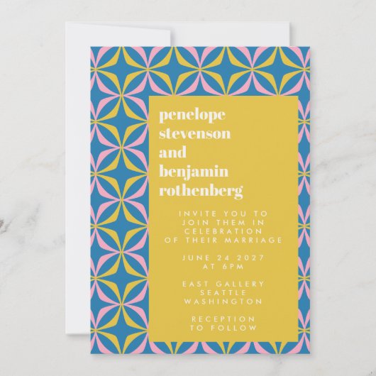Retro Blue Pattern Fun Bold Typography Wedding Kaart (Voorkant)