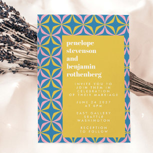 Retro Blue Pattern Fun Bold Typography Wedding Kaart