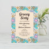 Retro Blue Peach Floral Groovy 60e verjaardag Kaart (Staand voorkant)