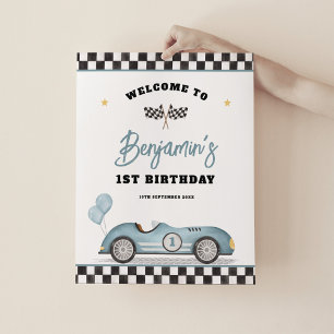 Retro Blue Race Car Fast One Birthday Welkom Poster