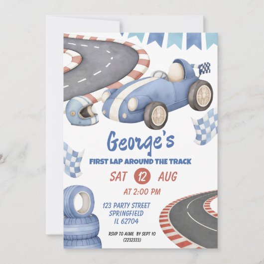 Retro Blue Racing verjaardag eerste ronde Kaart (Voorkant)
