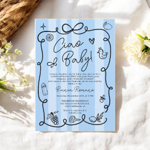 Retro Blue Stripes Ciao Baby shower met Italiaans Kaart