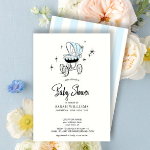 Retro Blue Waterverf Stroller Script Baby shower Kaart