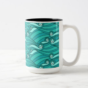 Retro blue waves doedle surf art tweekleurige koffiemok